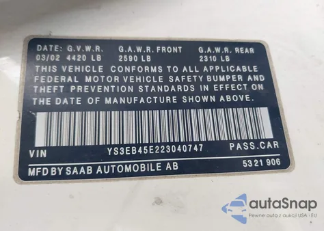 2002 Saab 9-5 2.3T Linear from USA, damaged, VIN YS3EB45E223040747